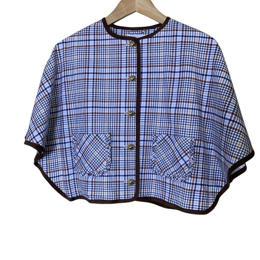 Janie and Jack Plaid Cape Jacket Blue Brown 100% Cotton Ruffle Pocket Girls 7-8